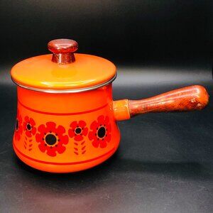 Vintage Levcoware Flower Power Orange Enamelware Fondue Pot Wood Handle Knob